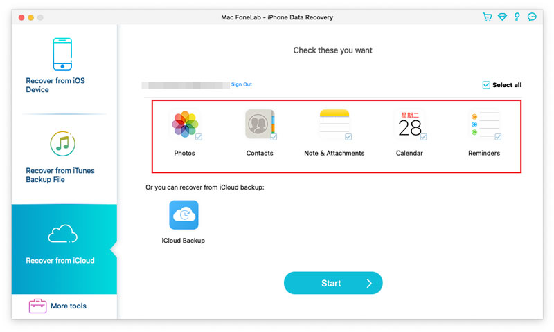 Fonelab Vælg Datatype fra iCloud til scanning