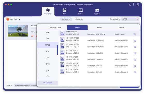 Stel MPEG in als het output videoformaat