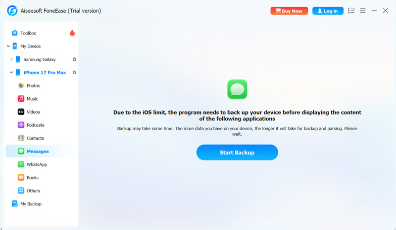 Foneease Connect iPhone 17 Start Backup
