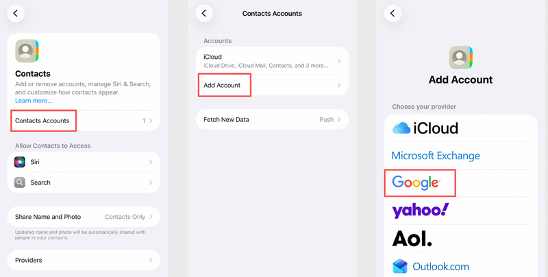 Icloud Settings Contacts Add Google Account Iphone