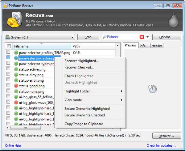 Recuva Interface