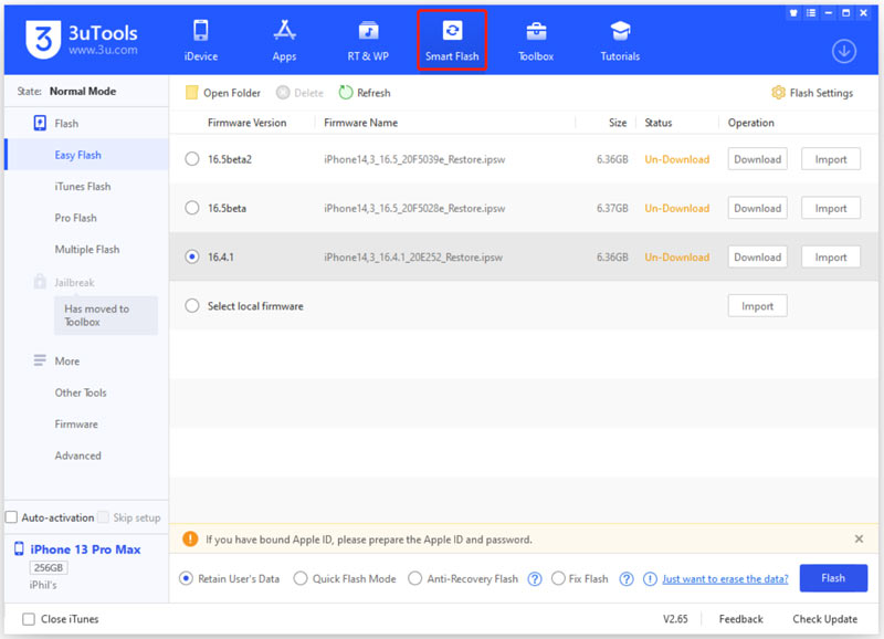 3uTools Smart Flash Downgrade Update iOS