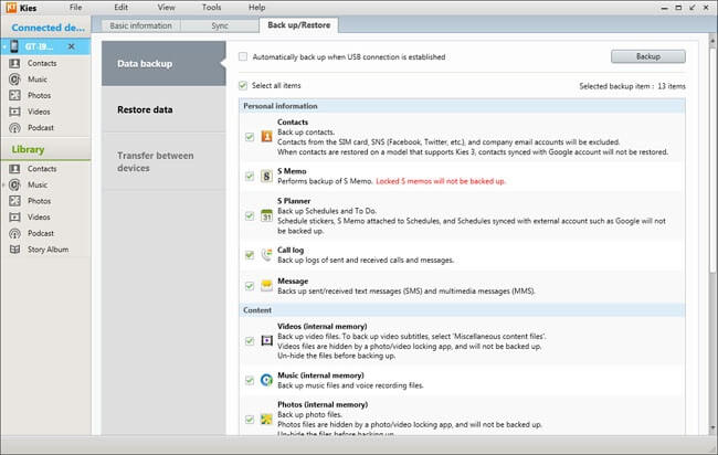Backup and Restore Tab in Samsung Kies
