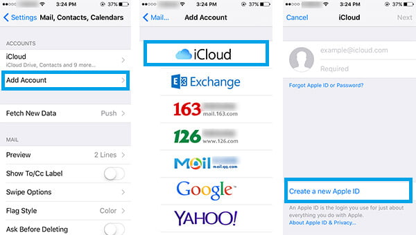 Προσθήκη νέου λογαριασμού iCloud στις Ρυθμίσεις iPhone