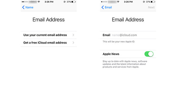 Vyberte e-mailovou adresu iCloud a vytvořte nový účet iCloud