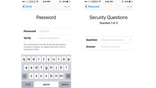 Vytvořte heslo iCloud a nastavte bezpečnostní otázky
