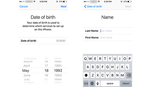 Wpisz datę urodzenia i imię, aby utworzyć nowe konto iCloud