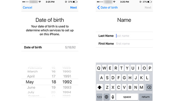 Indtast fødselsdato og navn for at oprette en ny iCloud-konto