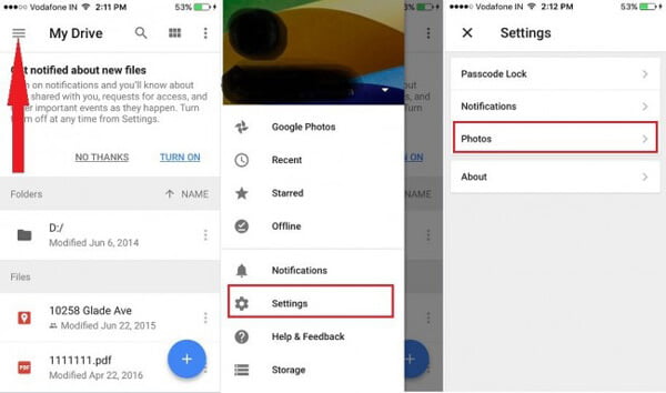 Google Drive Setting for Photos
