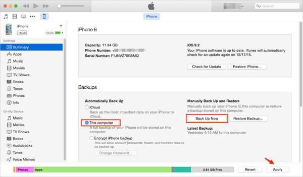 Utwórz kopię zapasową starego iPhone'a w iTunes