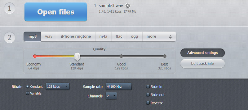 Online Audio Converter interfész