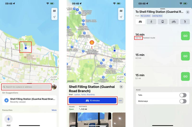 Avstånd mellan två punkter Apple Maps