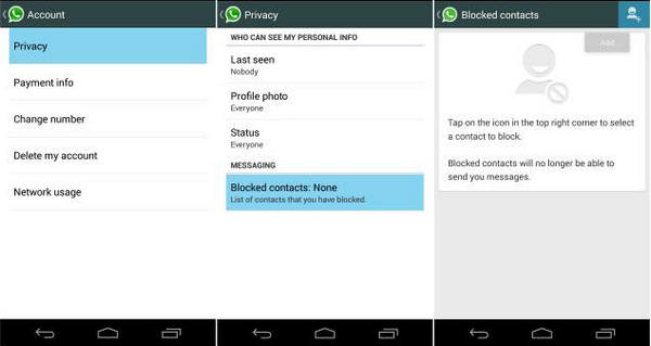 Заблокировать кого-то на Android WhatsApp