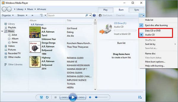 Brand audio-cd met Windows Media Player