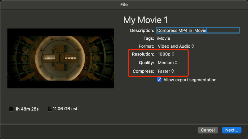 Συμπίεση μεγέθους αρχείου MP4 σε Mac iMovie