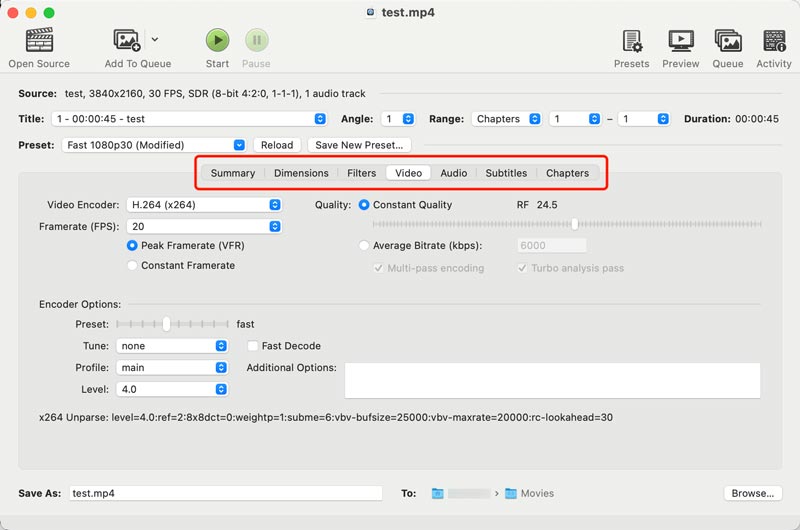 Freno a mano Riduci le dimensioni del file MP4