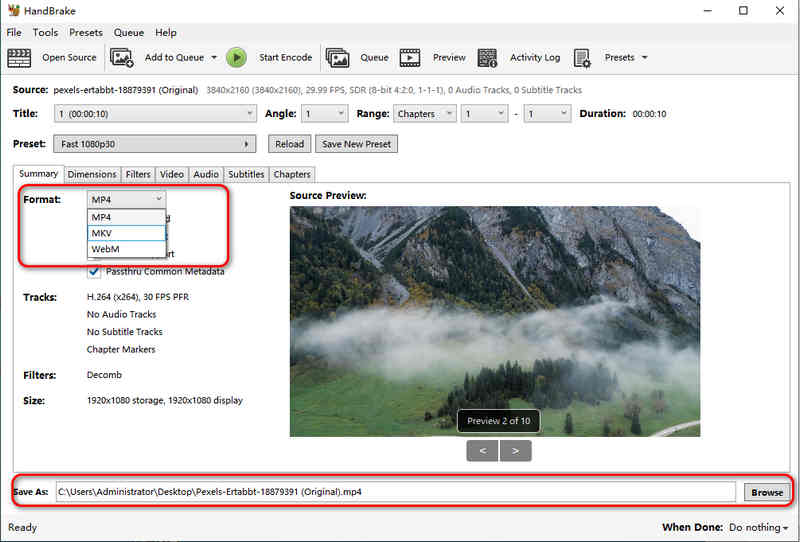 Choose Output Format and Destination Folder