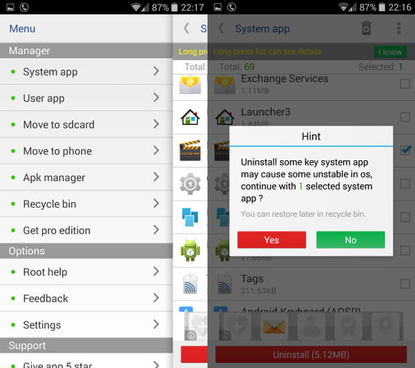 Rimozione app di sistema per disinstallare app su Android