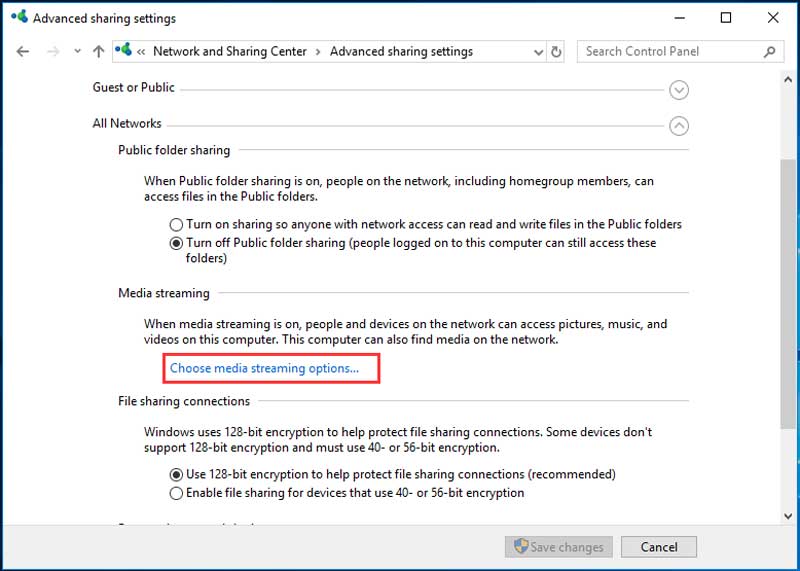 Windows 10: выберите параметры потоковой передачи мультимедиа
