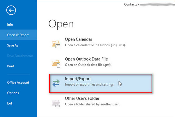 Klikněte na Importovat export kontaktů aplikace Outlook