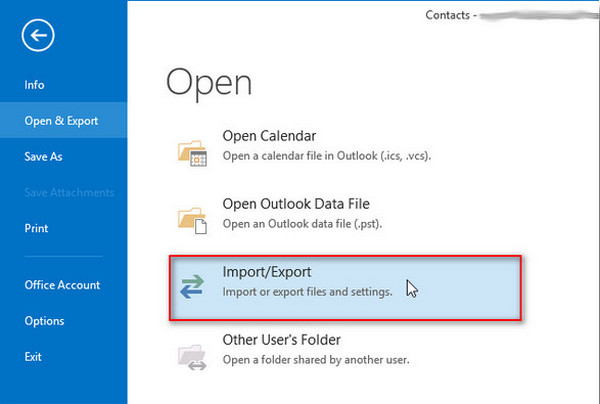 Fai clic su Importa Esporta contatti di Outlook