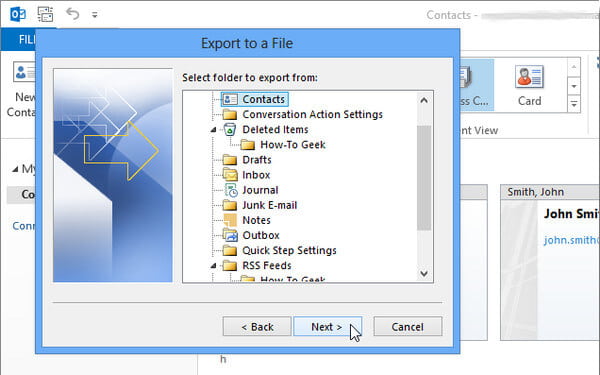 Выберите папку для экспорта контактов Outlook из