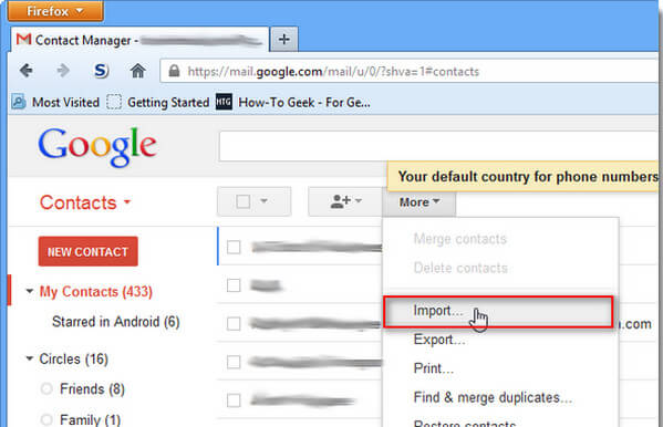 Выберите Импорт контактов Outlook в Gmail.