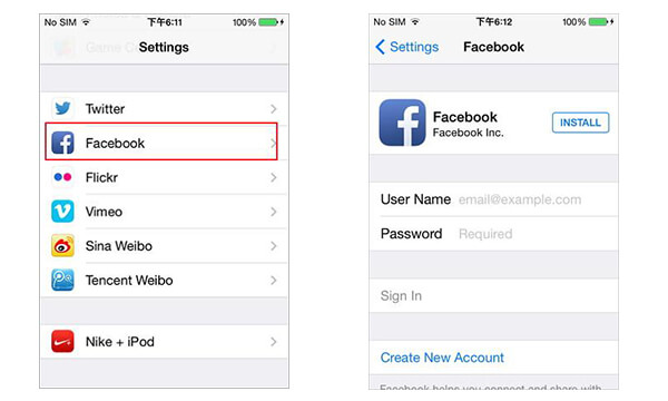 Sign in to iPhone Facebook Accounts