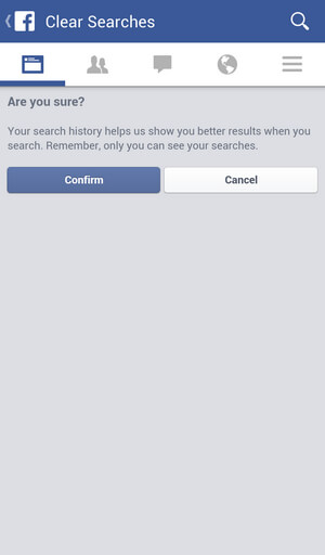 Potvrďte smazání historie vyhledávání Facebooku na telefonu Android nebo iPhone