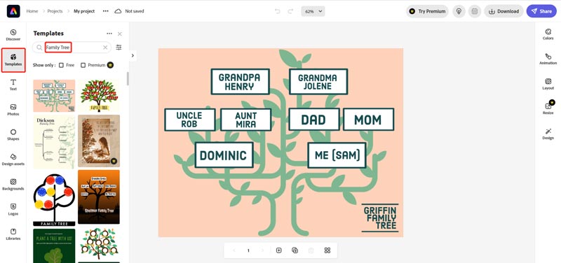Δημιουργήστε ένα οικογενειακό δέντρο Adobe Express