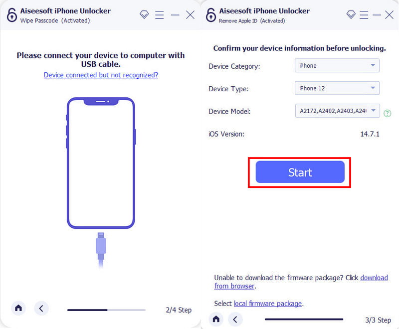 Aiseesoft iPhone Unlocker Információ megerősítése Start