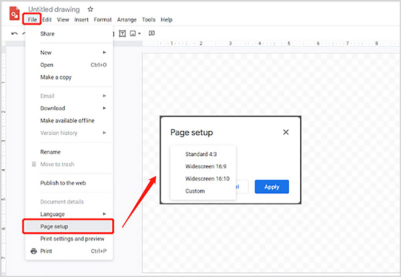 Google Drawings Page Setup