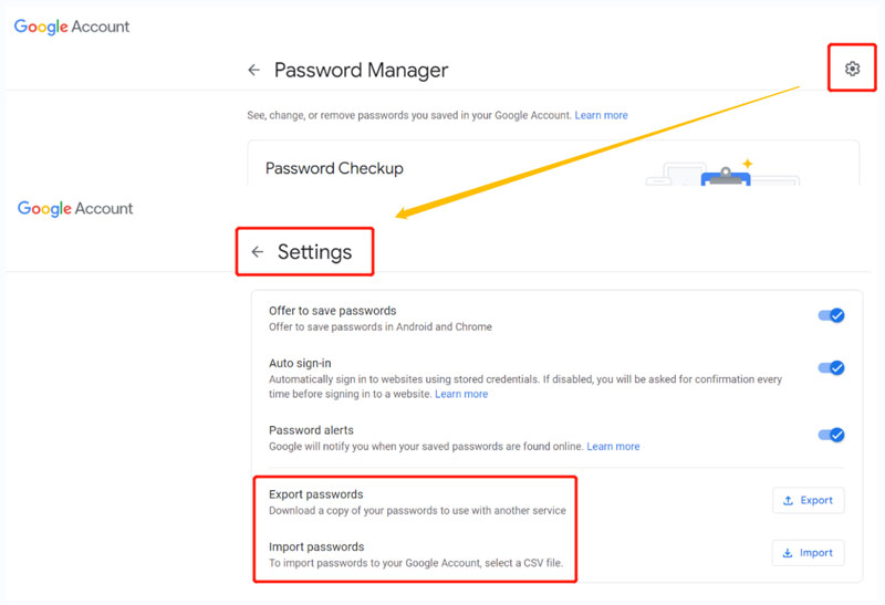 Password di importazione di esportazione di Google Manager