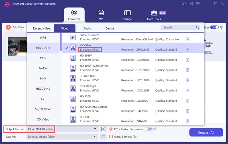 Select H265 Output Formats