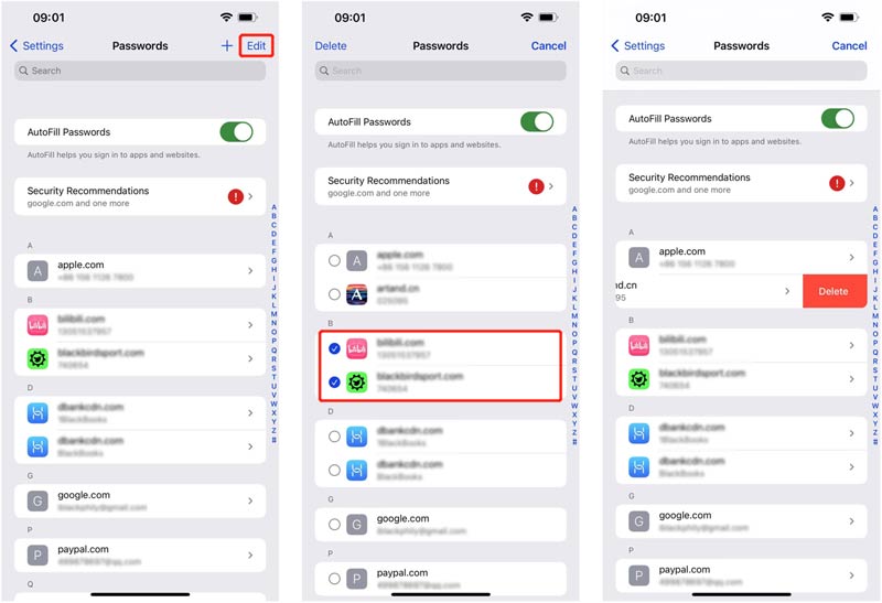 Muokkaa Poista iCloud-avainnipun salasanat iPhonessa