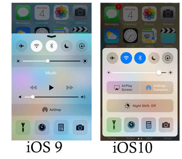 iOS 10 VS iOS 9控制中心