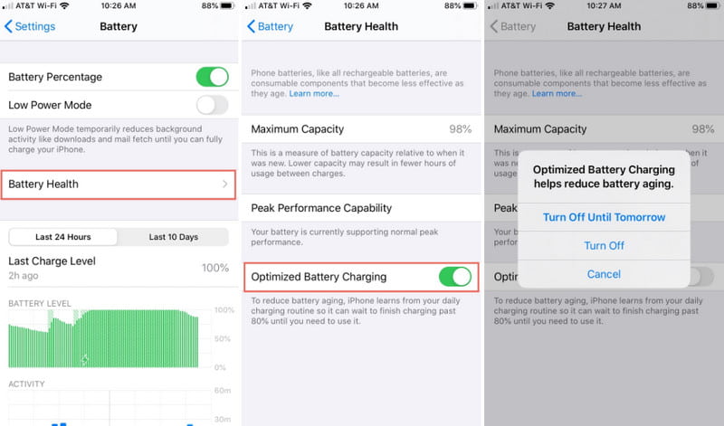 Kapcsolja ki a Battery Optimizer Charging iPhone-t