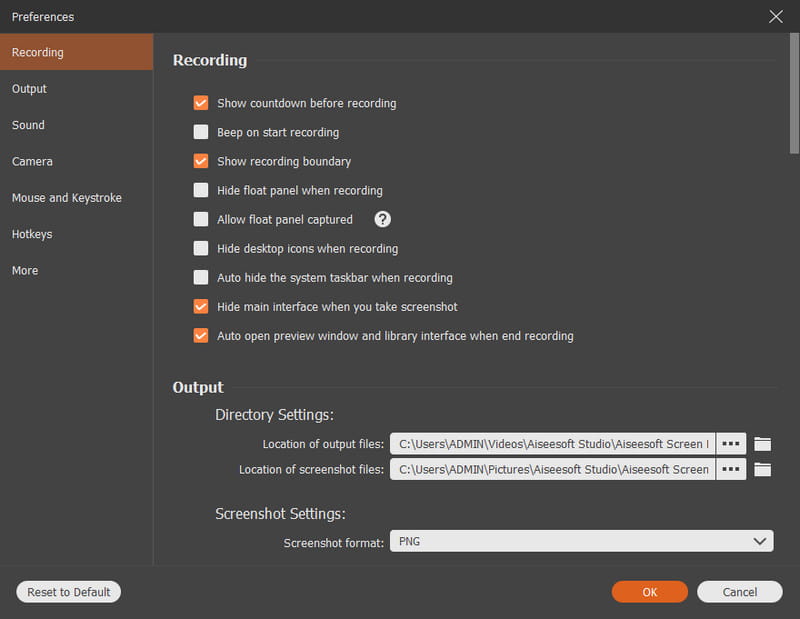 Præferencer for Aiseesoft Screen Recorder