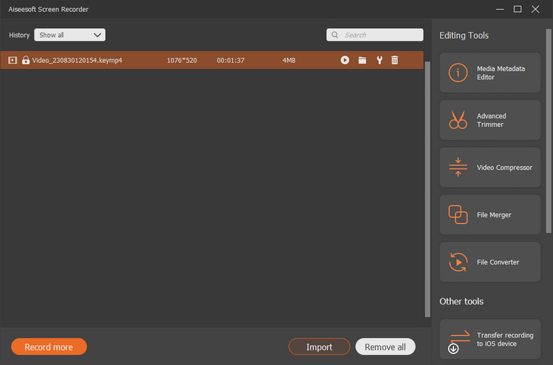 Aiseesoft Screen Recorder Optagelseshistorik