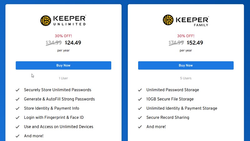Part of the Keeper Password Manager Pricing Plans