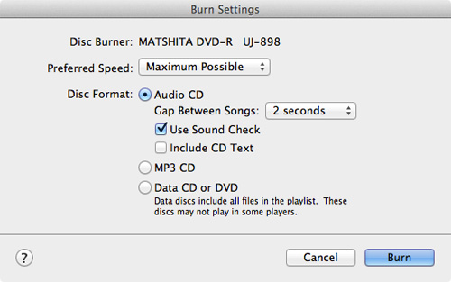 Burn Settings before Burning Music to a CD