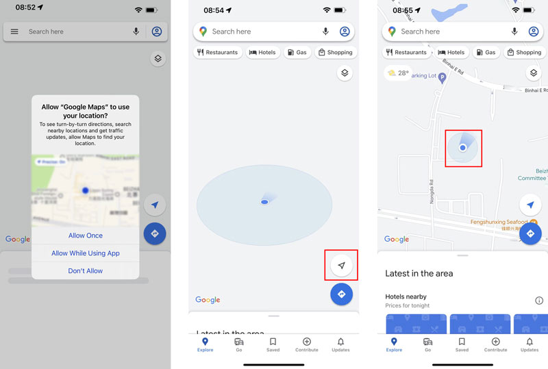 Find min nuværende placering iPhone Google Maps