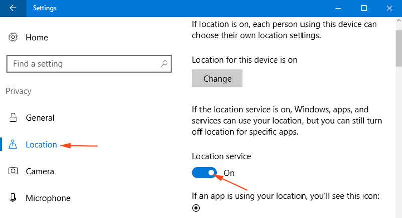 Turn on Windows 10 Location Service