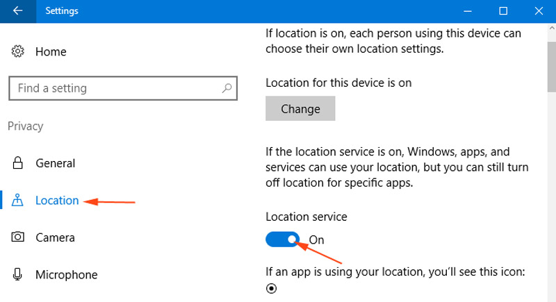 Attiva il servizio di localizzazione di Windows 10