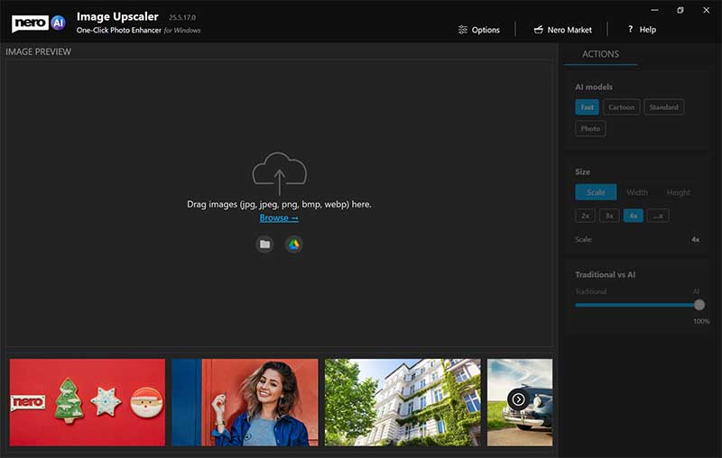 Hoofdinterface van Nero AI Image Upscaler