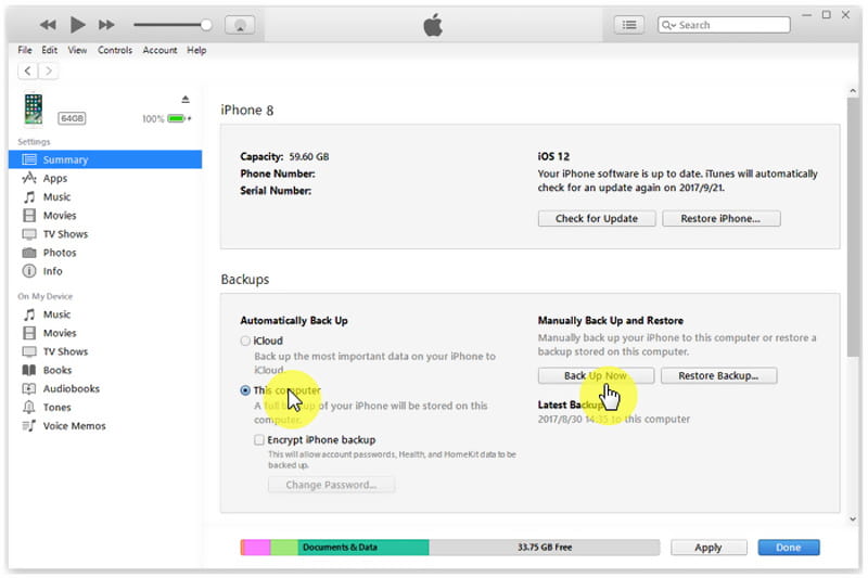 Biztonsági másolat készítése az iPhone-ról az iTunes-ra