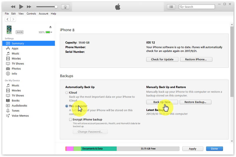 Back up iPhone to iTunes