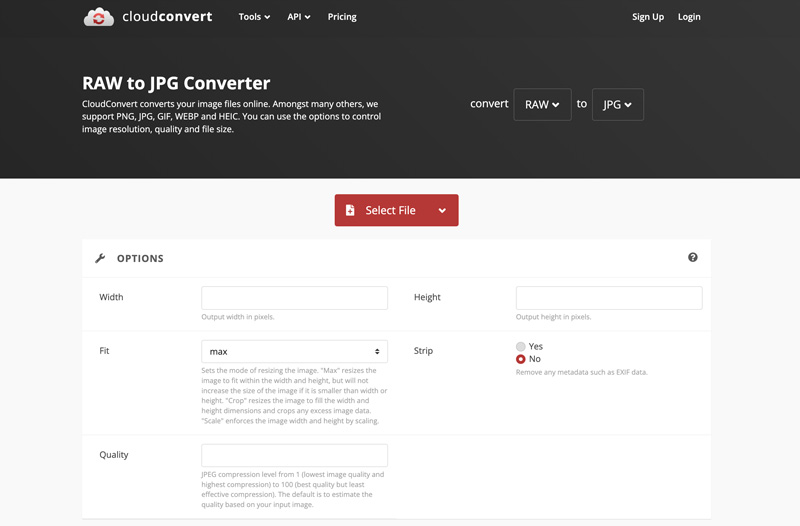 Convertitore CloudConvert da RAW a JPG