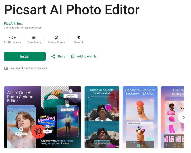 Applicazione PicsArt AI Photo Editor per Android