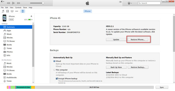 Az iPhone alaphelyzetbe állítása az iTunes segítségével a Bricked iPhone Fix alkalmazáshoz